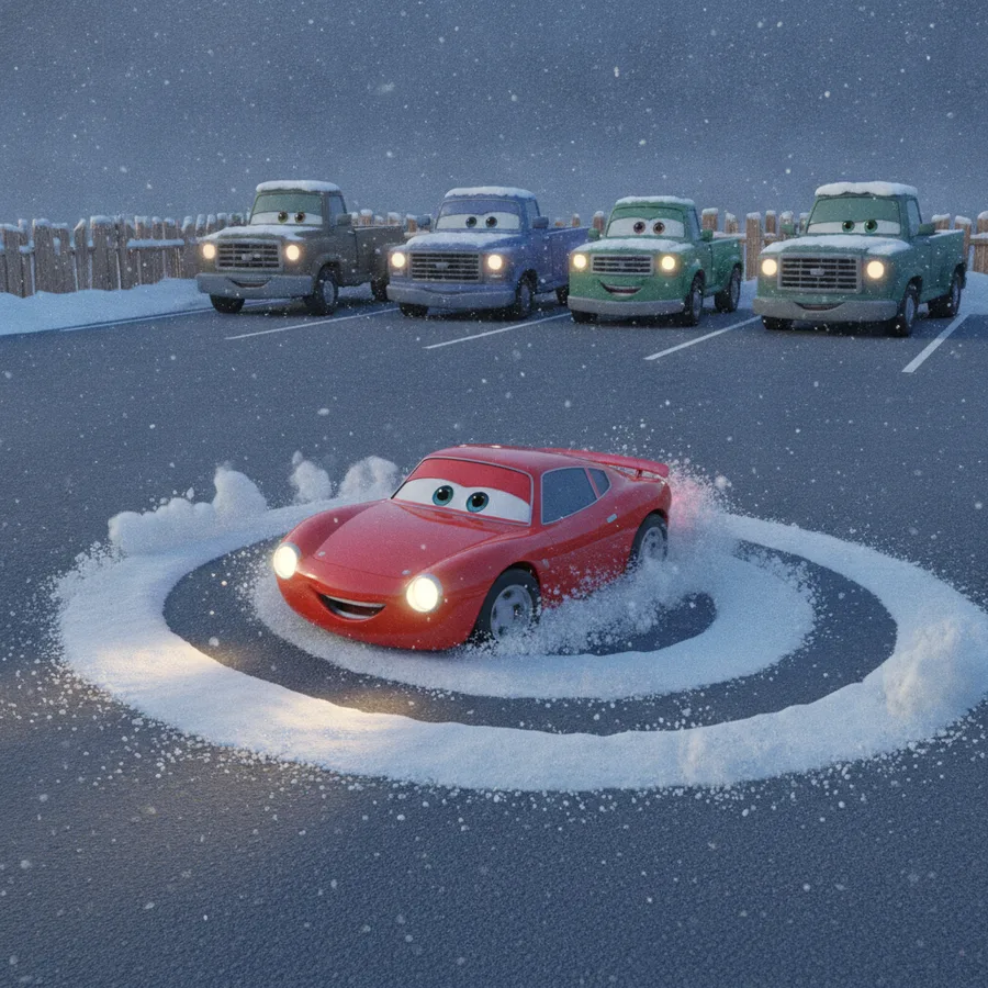 This coloring page features a cheerful red car having fun in the snow. The car's body is easy to color, while the circular snow patterns will challenge little artists.