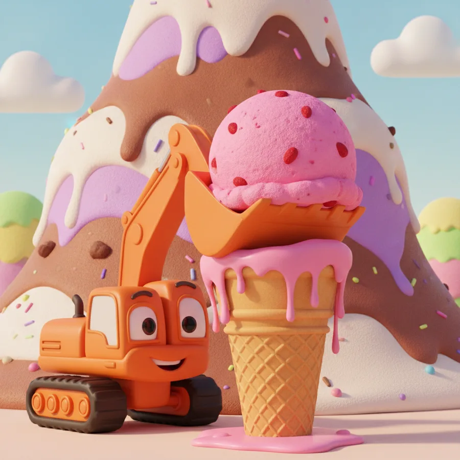Dieses unterhaltsame Ausmalbild zeigt einen lustigen Bagger mit einer großen Eiskugel. Kinder werden es lieben, das leuchtend orange Fahrzeug und die verspielte Landschaft auszumalen, mit einfachen Bereichen wie dem Eis und herausfordernden Details im Hintergrund.