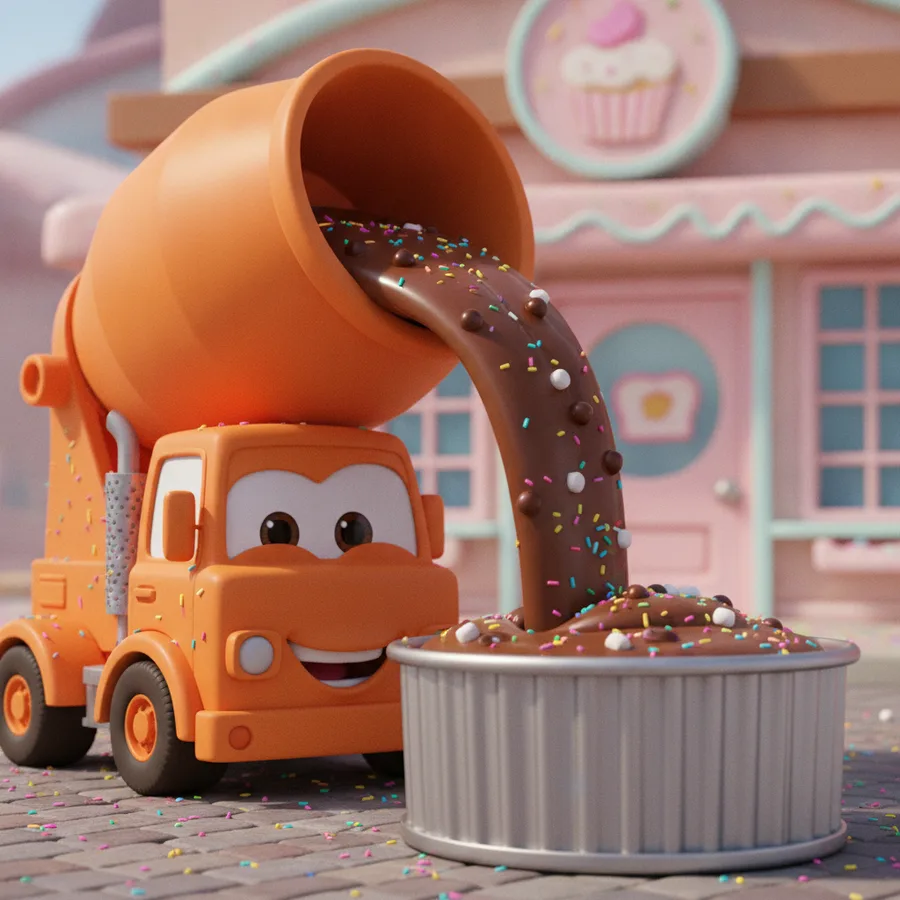 This coloring page features a cheerful cement mixer truck pouring chocolate sauce, making it fun to color. Easy areas include the truck body, while sprinkles and cupcake details offer more of a challenge.