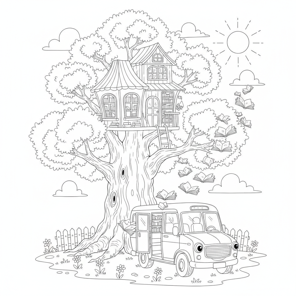 Casa na Árvore Encantada com um Caminhão de Livros — Desenho para Colorir Grátis