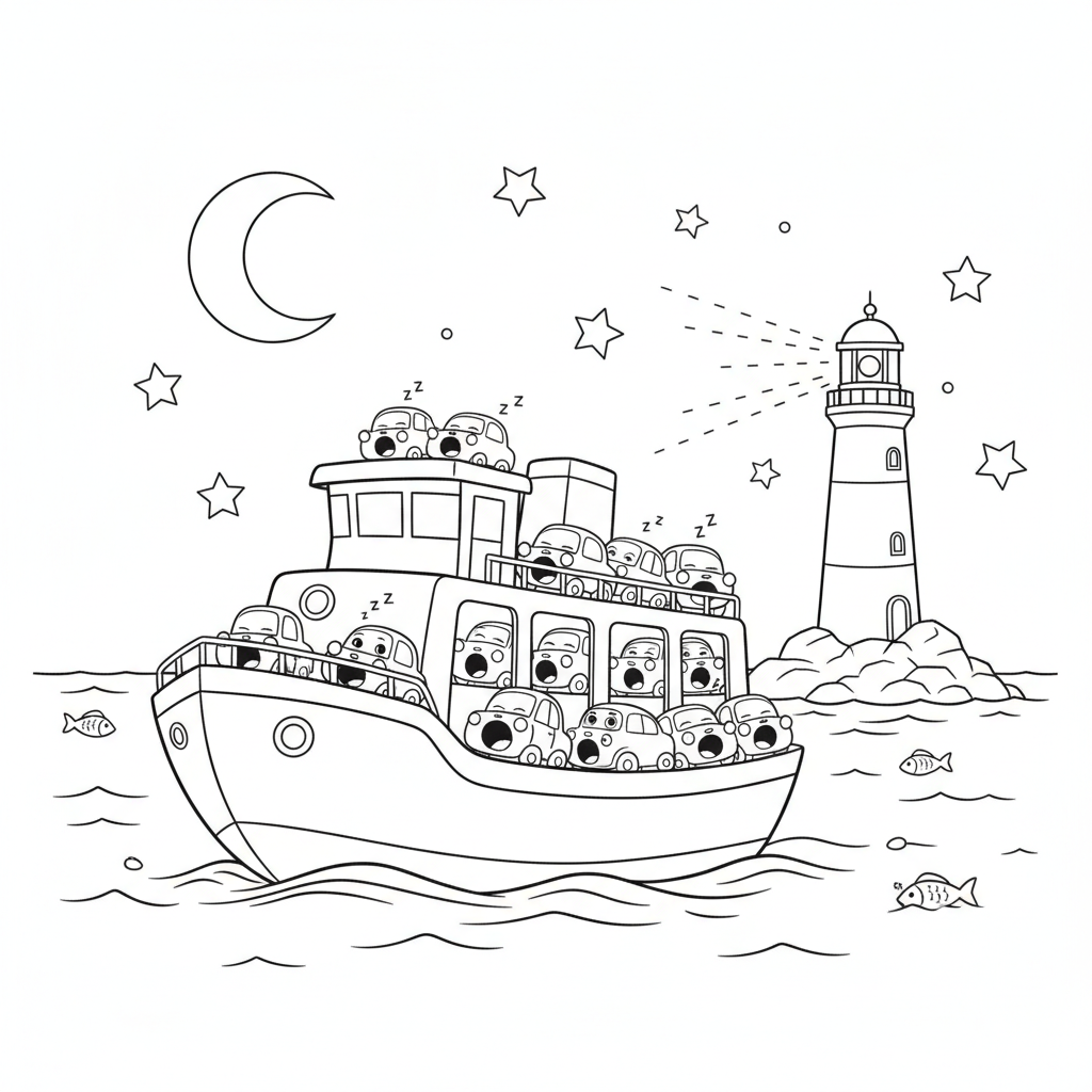 A Ferry Boat with Colorful Characters — Free Coloring Page for Kids