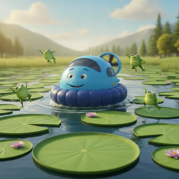 Cheerful Blue Hovercraft on a Lily Pond — Free Coloring Page for Kids