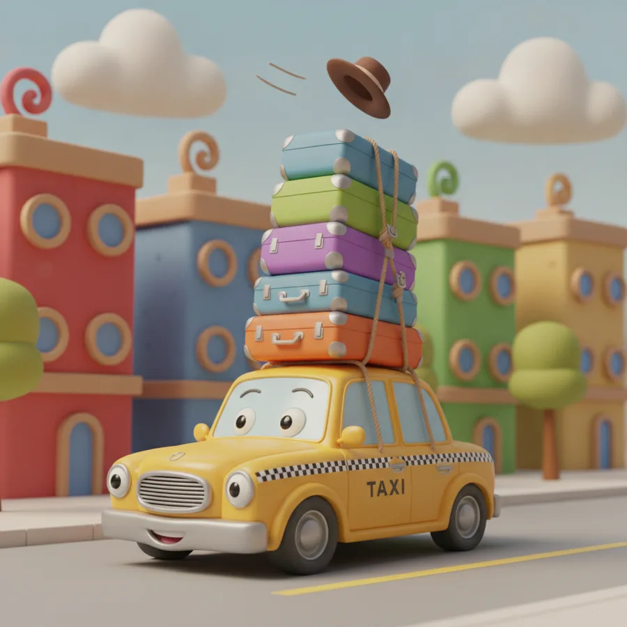 This lively image features a cheerful taxi cab with a tower of suitcases on its roof. The cab and suitcases are easy to color, while the whimsical cityscape provides a fun challenge.