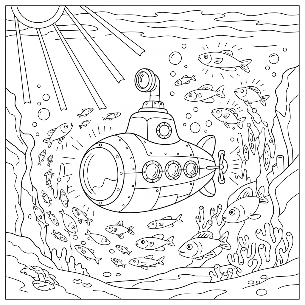 Submarine Reef Adventure — Free Coloring Page for Kids coloring page