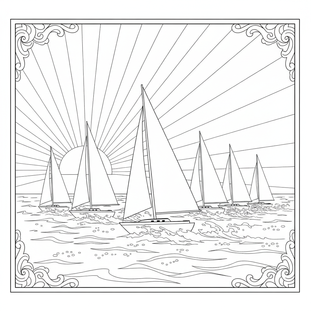 Cheerful sailboats on shimmering water — Free Coloring Page for Kids coloring page
