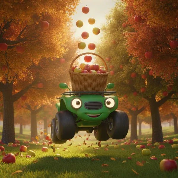 Cheerful Green Tractor in Apple Orchard — Free Coloring Page for Kids