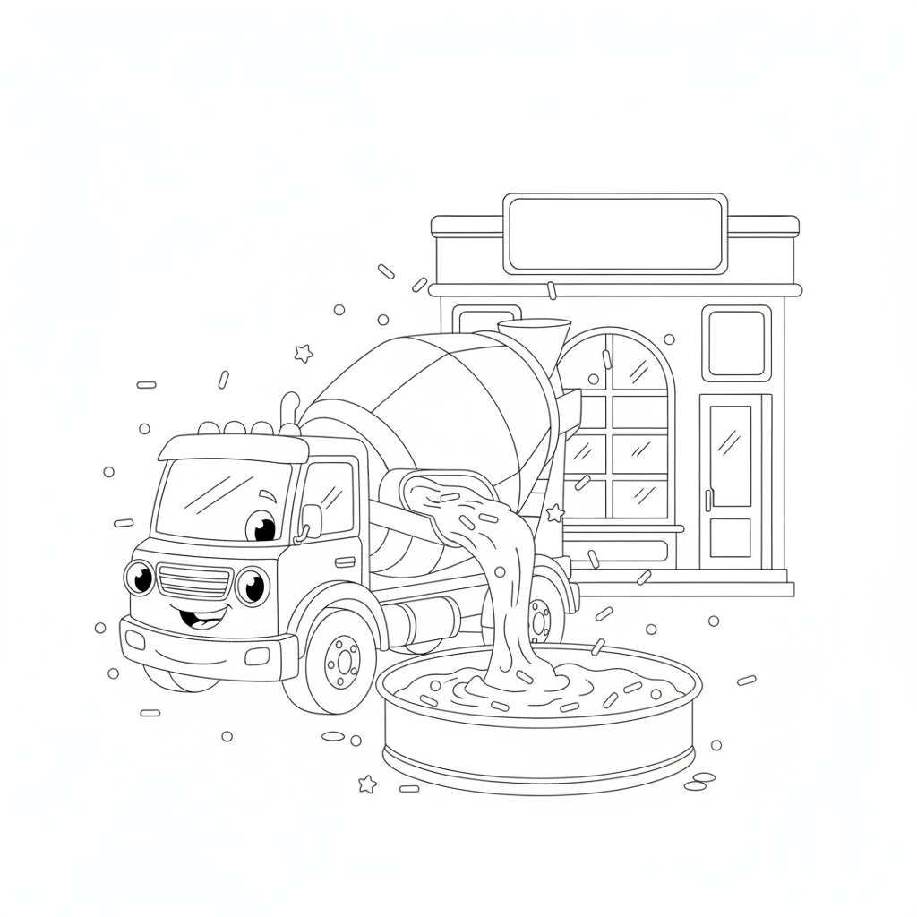 Cheerful Cement Mixer Truck Pouring Chocolate — Free Coloring Page for Kids