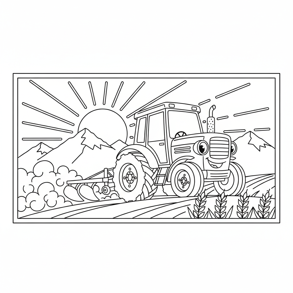 Tractor Harvest Sunset — Free Coloring Page for Kids coloring page