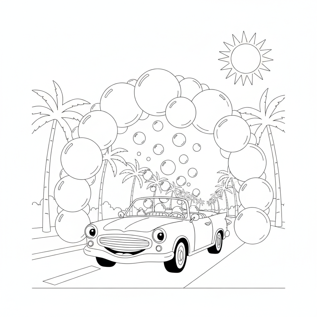 Cheerful Pink Car Driving Under a Bubble Arch — Free Coloring Page for Kids