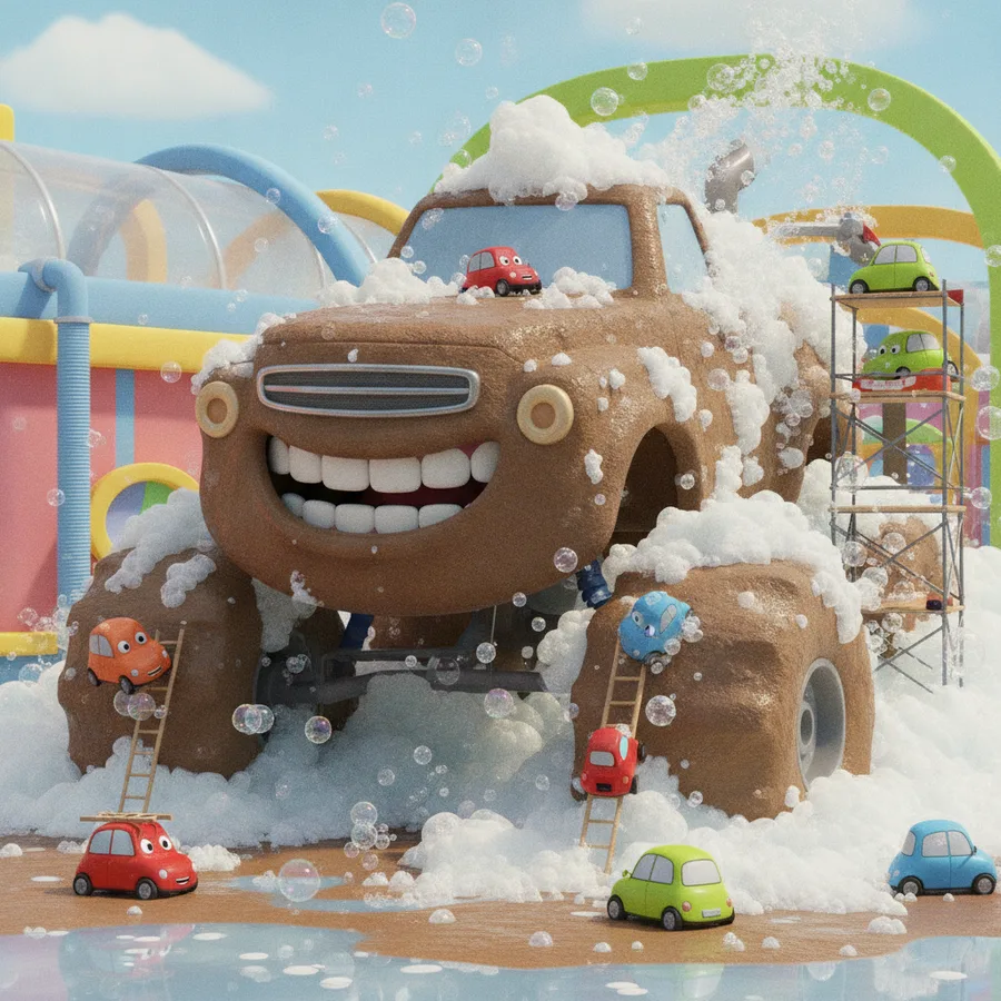 Cette page à colorier présente un camion amusant dans un lavage à bulles, entouré de voitures colorées. Le corps du camion est facile, mais les bulles offrent un défi amusant.