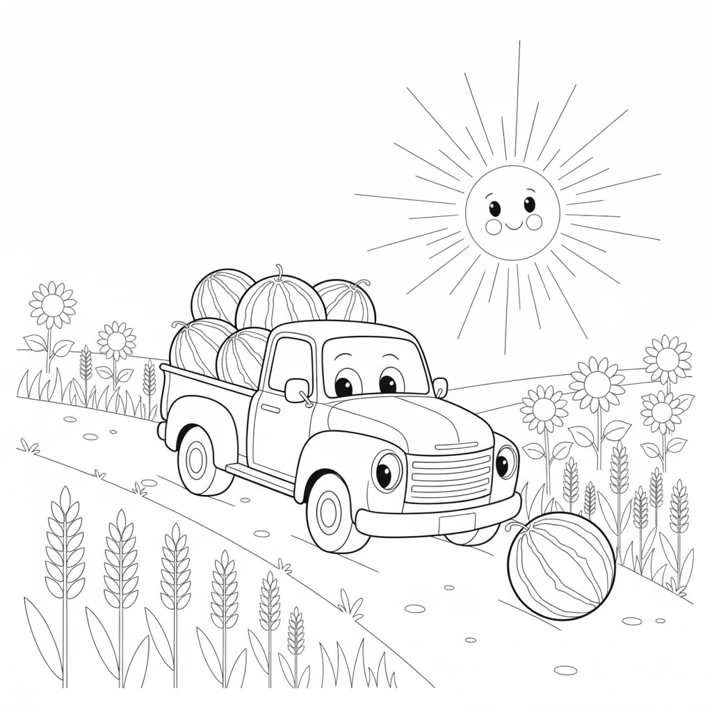 Cheerful Red Pickup Truck Bouncing with Watermelons — Free Coloring Page for Kids