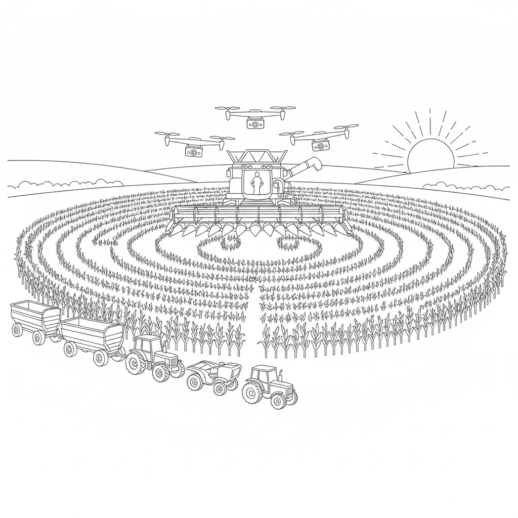 Campo Vibrante con Drones y Vehículos — Dibujos de Vehículos para Colorear — Gratis para Imprimir