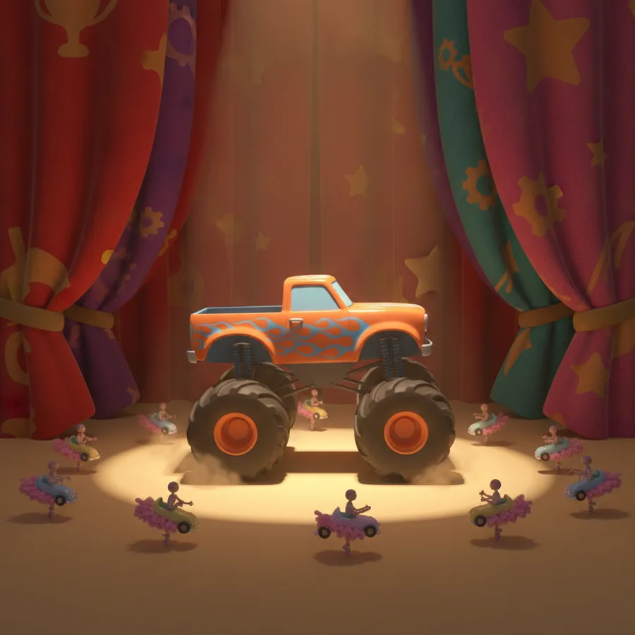This coloring page features a vibrant monster truck surrounded by playful toy cars. The truck and curtains offer easy areas to color, while the details in the flames can be a fun challenge.