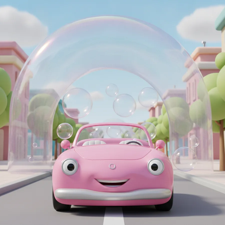 This coloring page features a cheerful pink car that is easy to color with large areas. The bubble arch and trees offer some fun details to challenge young artists.
