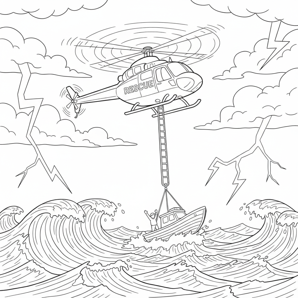 Helicopter Storm Adventure — Free Coloring Page for Kids coloring page