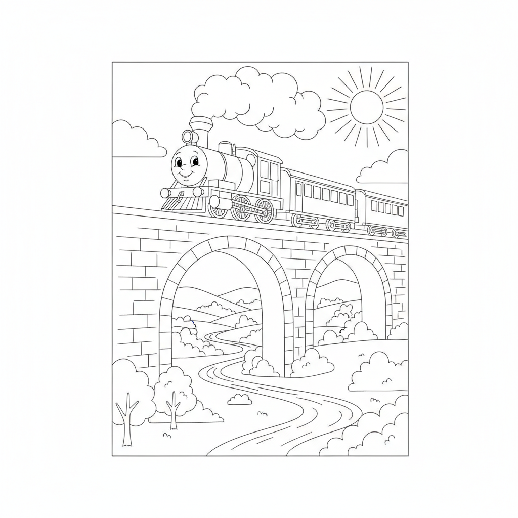 Fröhlicher Cartoon-Dampflok auf einer Steinbrücke — Ausmalbild Lkw — Kostenlos Ausdrucken
