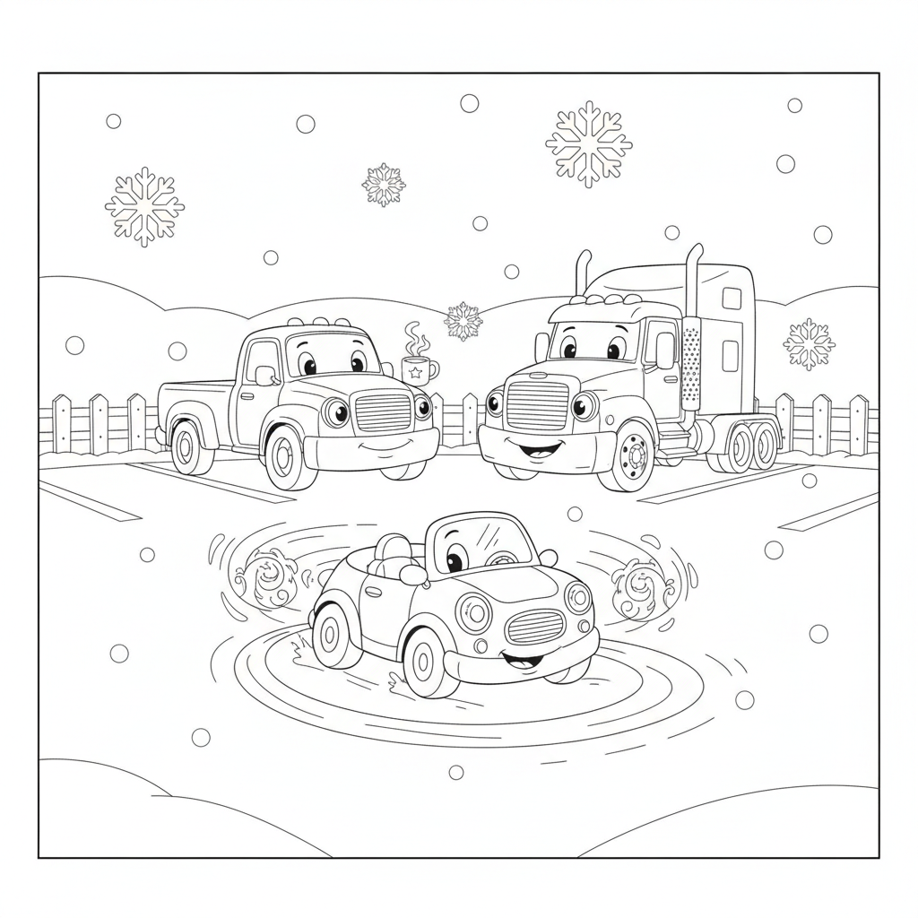 Cheerful Red Car Spinning in Snow — Free Coloring Page for Kids