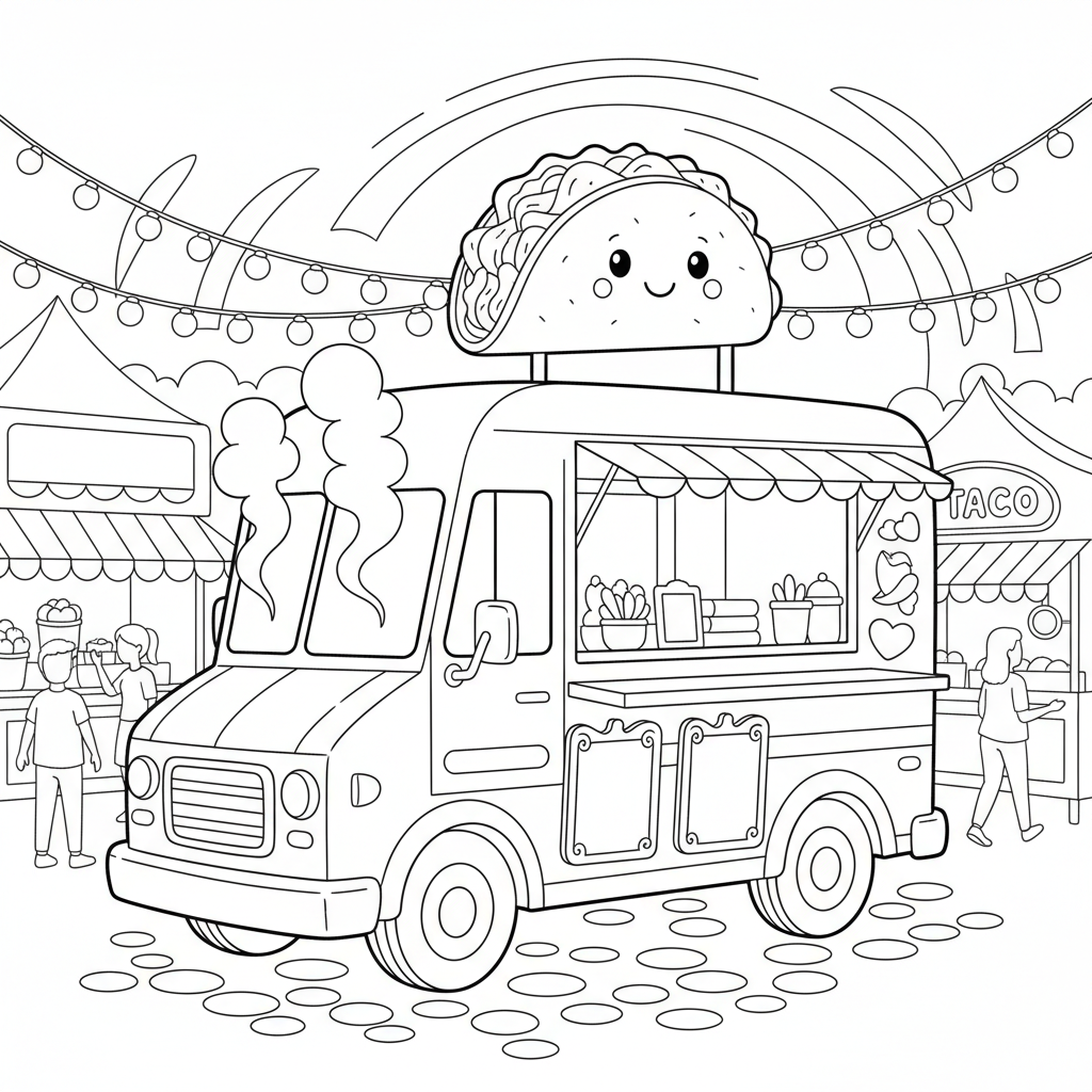 Food Truck Festival — Free Printable Coloring Page for Kids coloring page