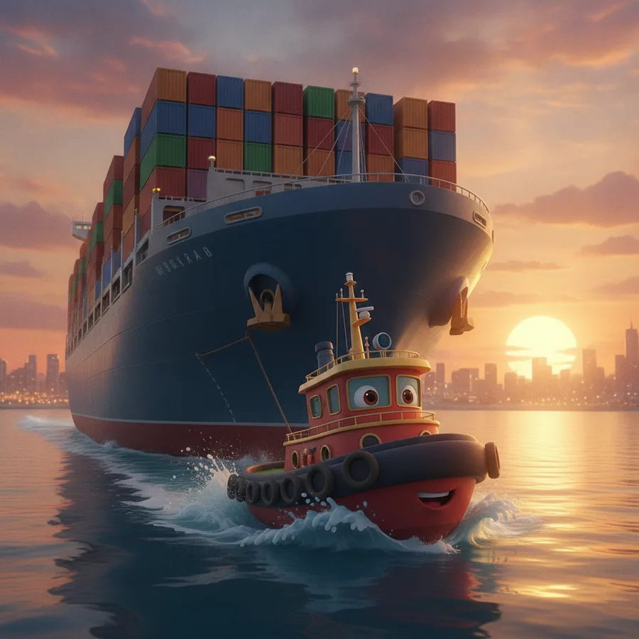 Cheerful Tugboat with Cargo Ship at Sunset — Free Coloring Page for Kids