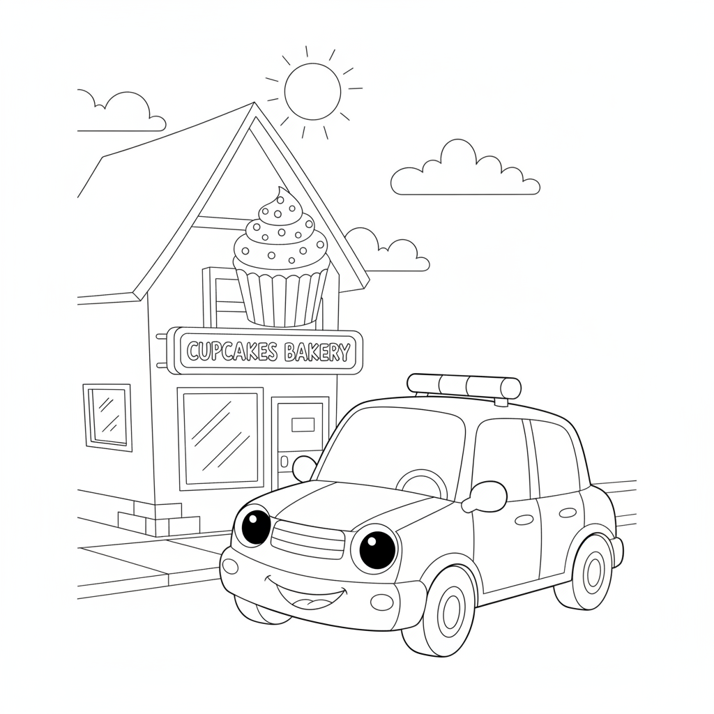 Carro de Polícia Alegre em uma Cidade de Cupcakes — Desenho de carros para Colorir — Grátis