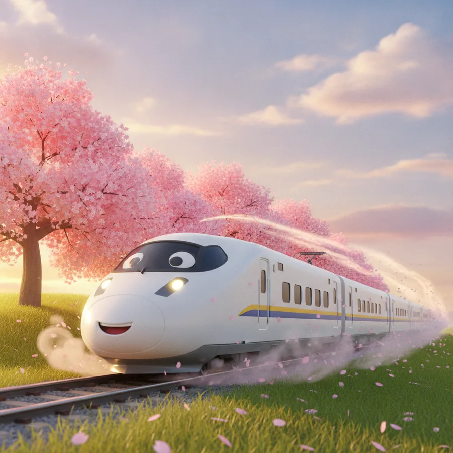 Diese Ausmalbild zeigt einen lächelnden Zug, umgeben von wunderschönen Kirschblüten. Die großen Flächen des Zuges sind einfach zu malen, während die Blumen eine nette Herausforderung bieten.
