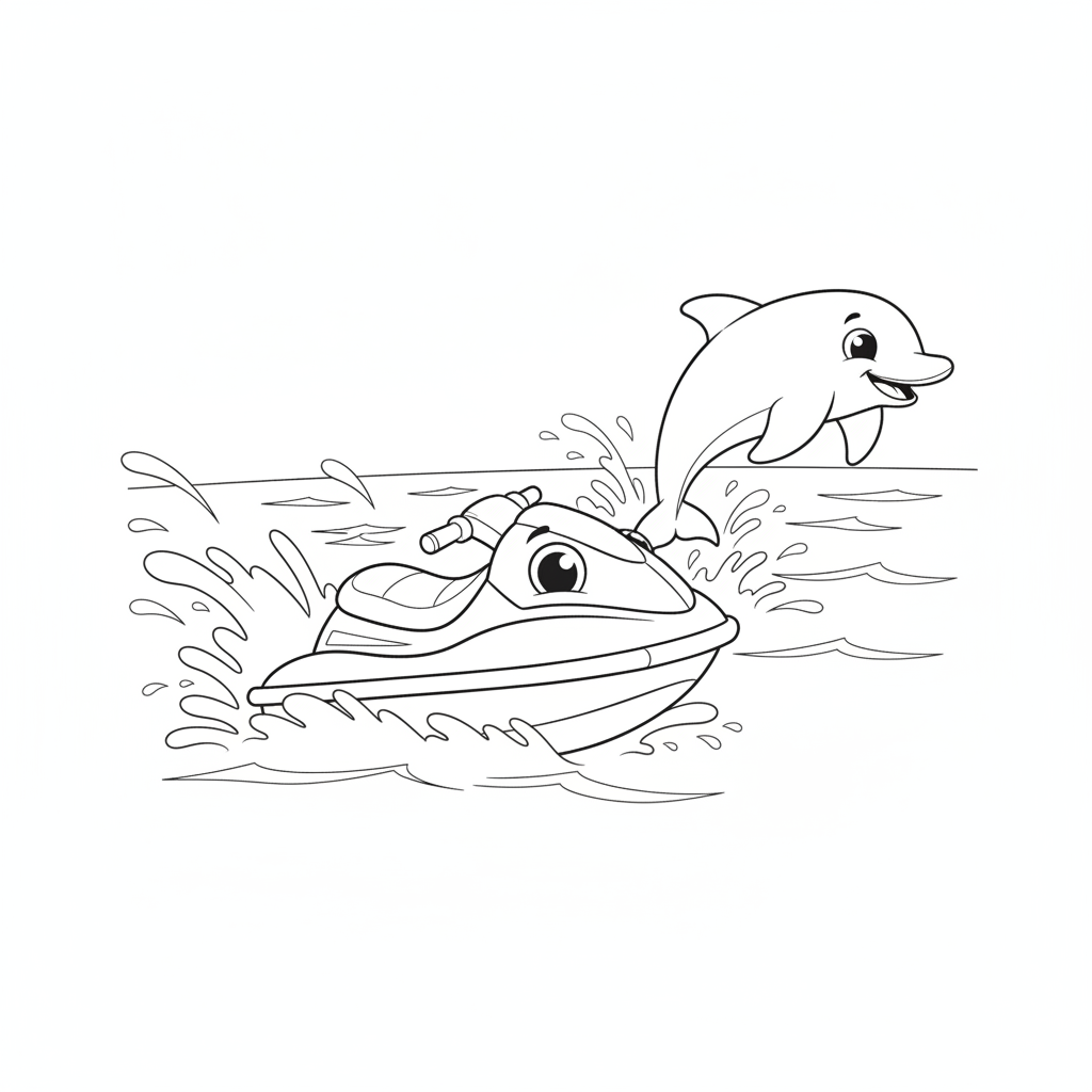 Dolphin Leaping Beside Jet Ski — Free Coloring Page for Kids