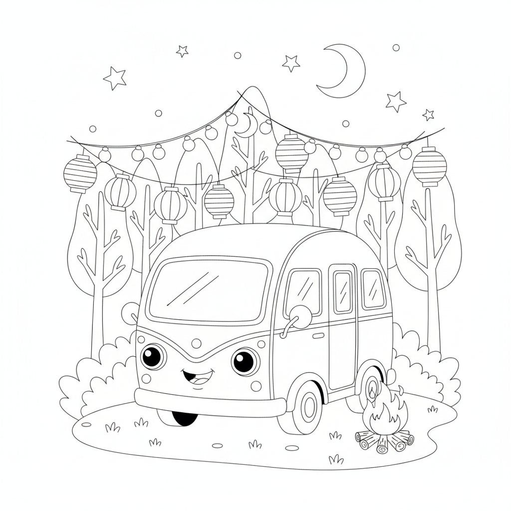 Cheerful Camper Van with Lanterns — Free Coloring Page for Kids