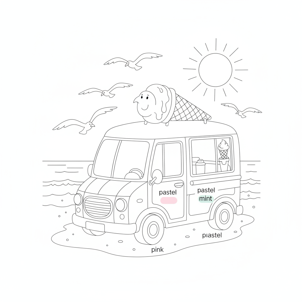 Whimsical Ice Cream Truck at the Beach — Free Coloring Page for Kids