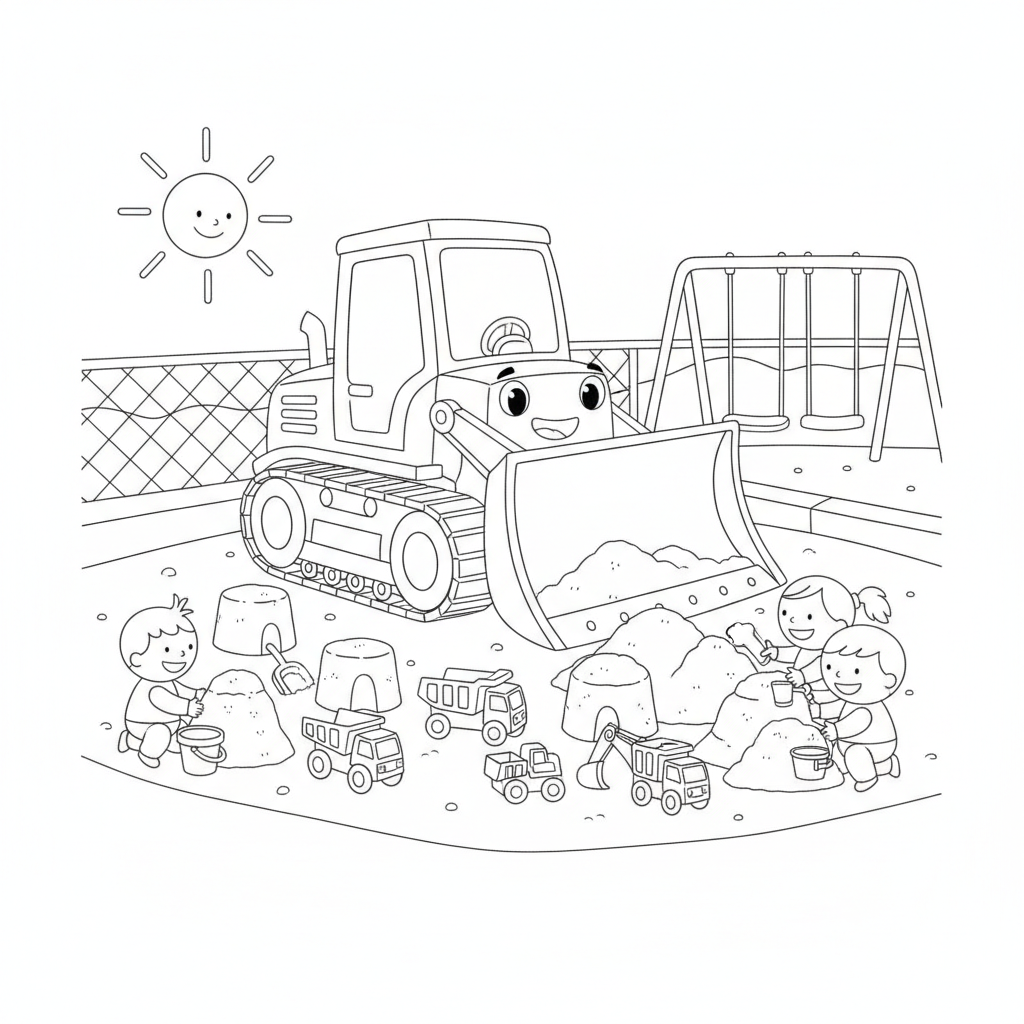 Drei Fröhliche Kinder Spielen im Sandkasten — Bulldozer Ausmalbild — Kostenlos Ausdrucken