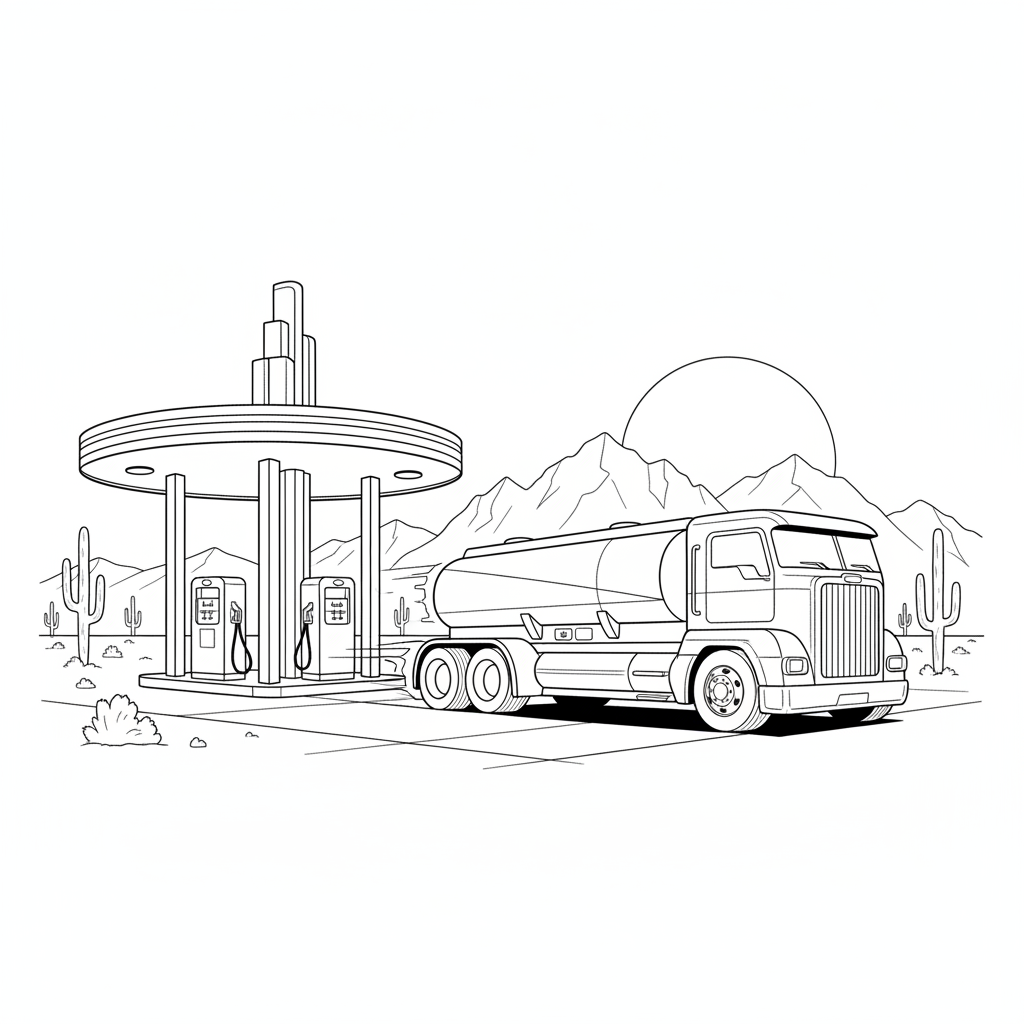 Tanker Truck at Sunset — Free Printable Coloring Page for Kids coloring page