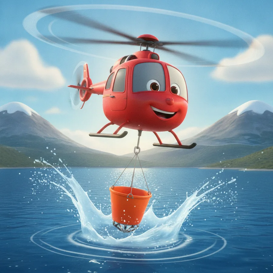 Esta encantadora página para colorear presenta un helicóptero de dibujos animados con una gran sonrisa y ojos expresivos, lo que la hace divertida para los niños. Las áreas fáciles incluyen el helicóptero y las salpicaduras de agua, mientras que las colinas y montañas presentan un poco de desafío.