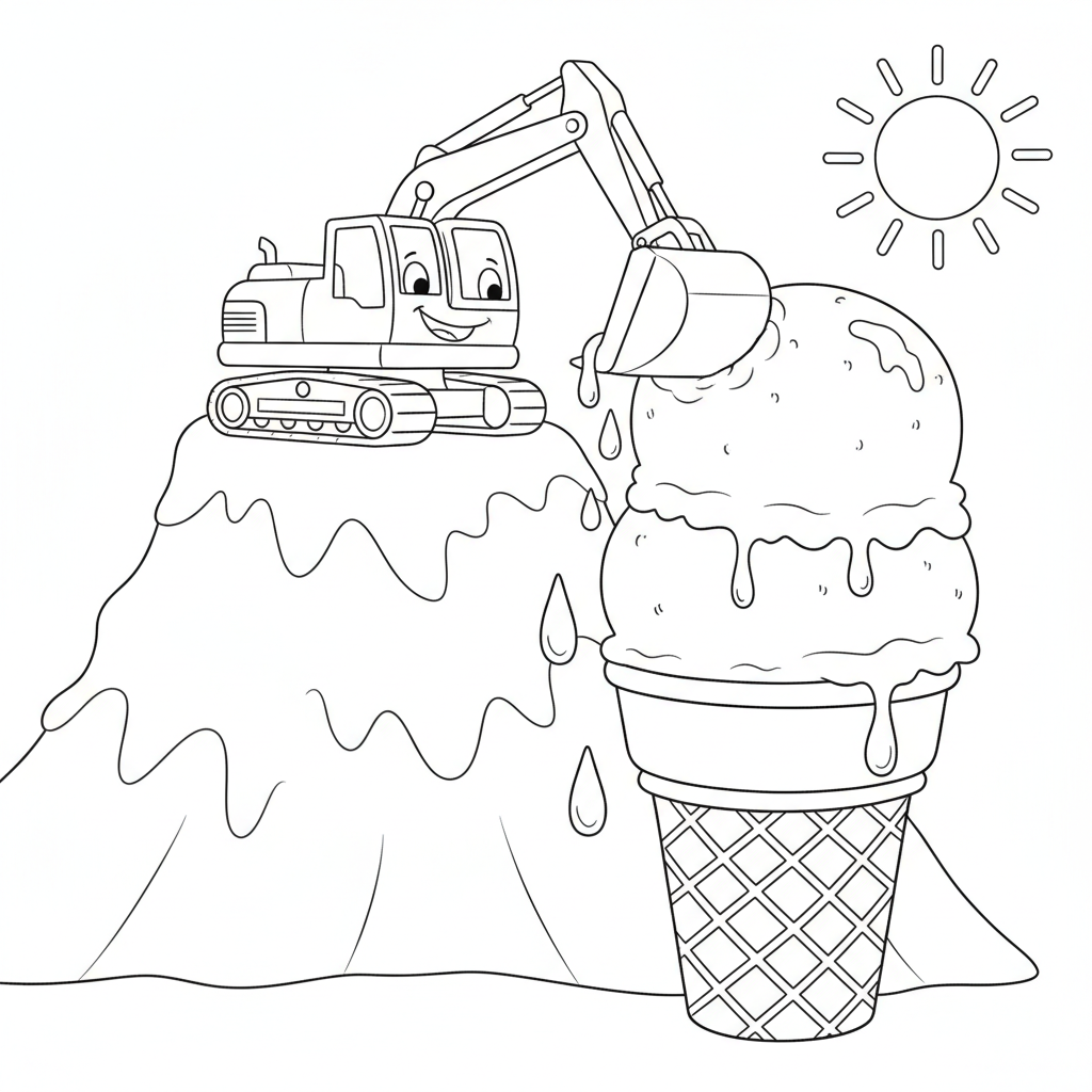 Bagger mit Eis — Ausmalbild Lastwagen — Kostenlos Ausdrucken