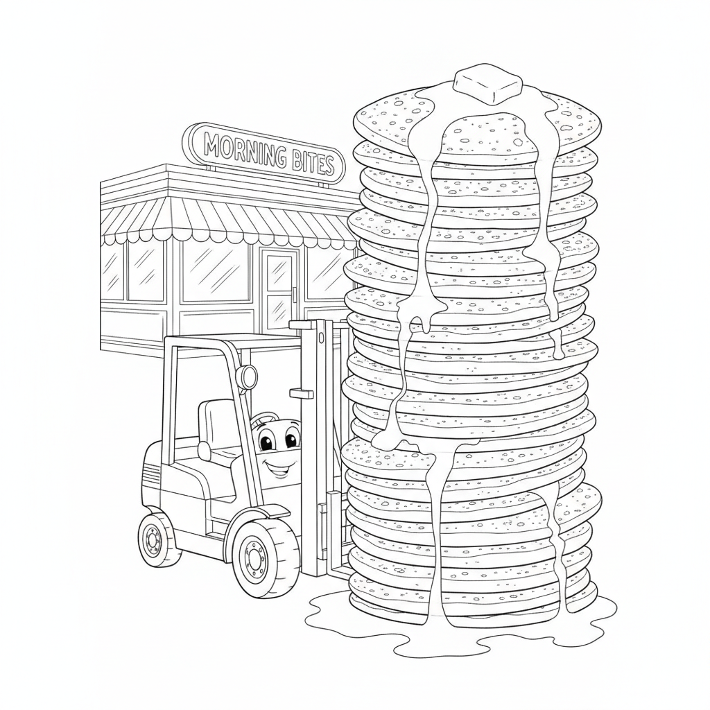 Cheerful Forklift Lifting Pancakes — Free Coloring Page for Kids