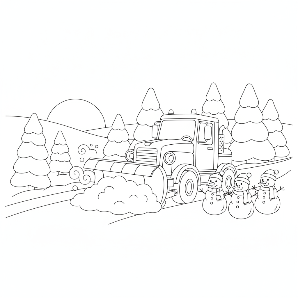 Cheerful Snowplow Truck Clearing Snow — Free Coloring Page for Kids