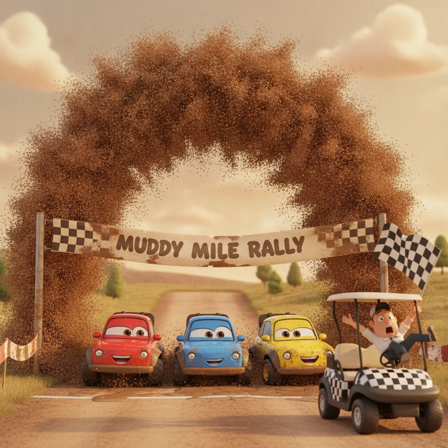 Dieses Ausmalbild zeigt drei fröhliche Autos an der Startlinie eines Rallyes, umgeben von Staub. Die Autos haben große Flächen zum einfachen Ausmalen, während die Details bei den Fahnen und dem Schmutz eine unterhaltsame Herausforderung bieten.