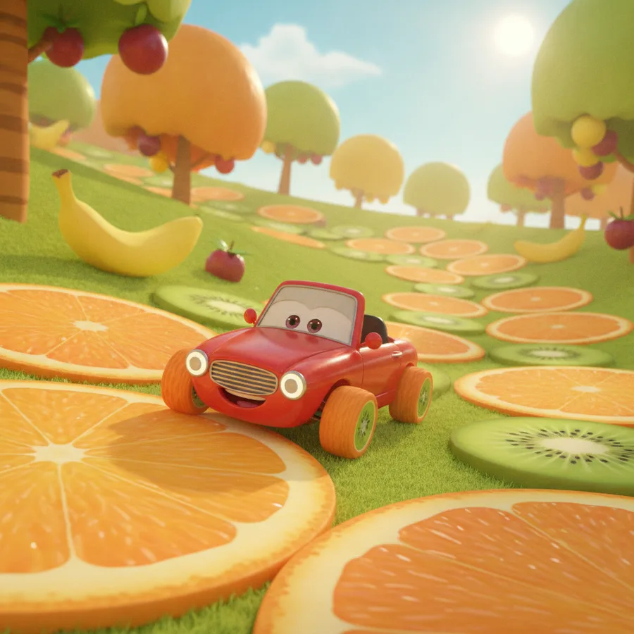 This coloring page features a cheerful car on a whimsical fruit path. The large areas of the car are easy to color, while the detailed fruit trees add a fun challenge.