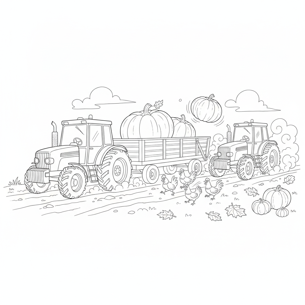 Herbstszene mit Traktoren — Ausmalbild Traktor — Kostenlos Ausdrucken