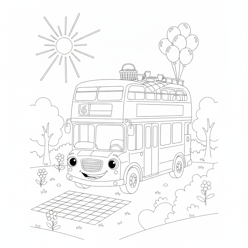 Cheerful Double-Decker Bus with Picnic — Free Coloring Page for Kids
