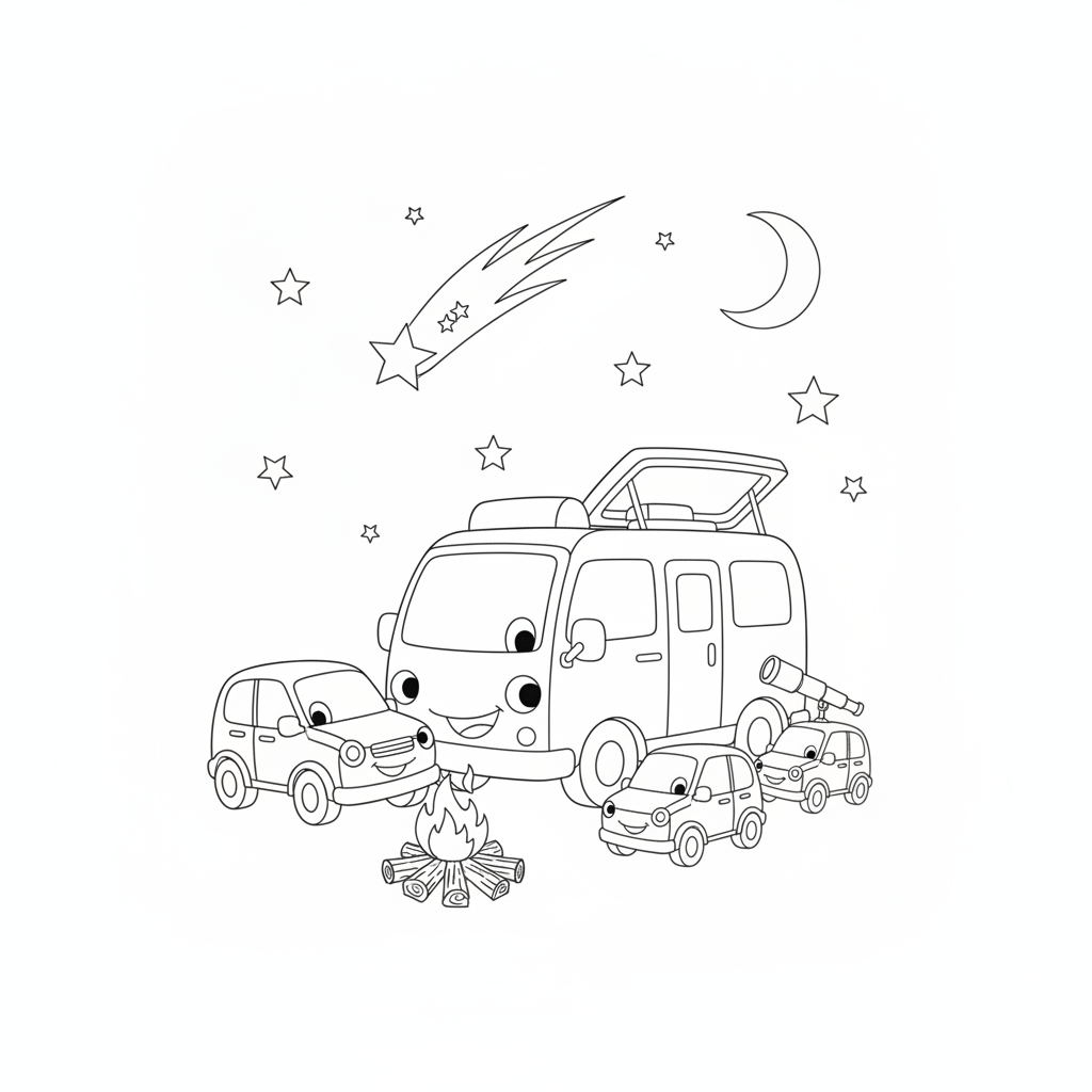 Carros Divertidos ao Redor da Fogueira — Desenho de Caminhão para Colorir — Grátis