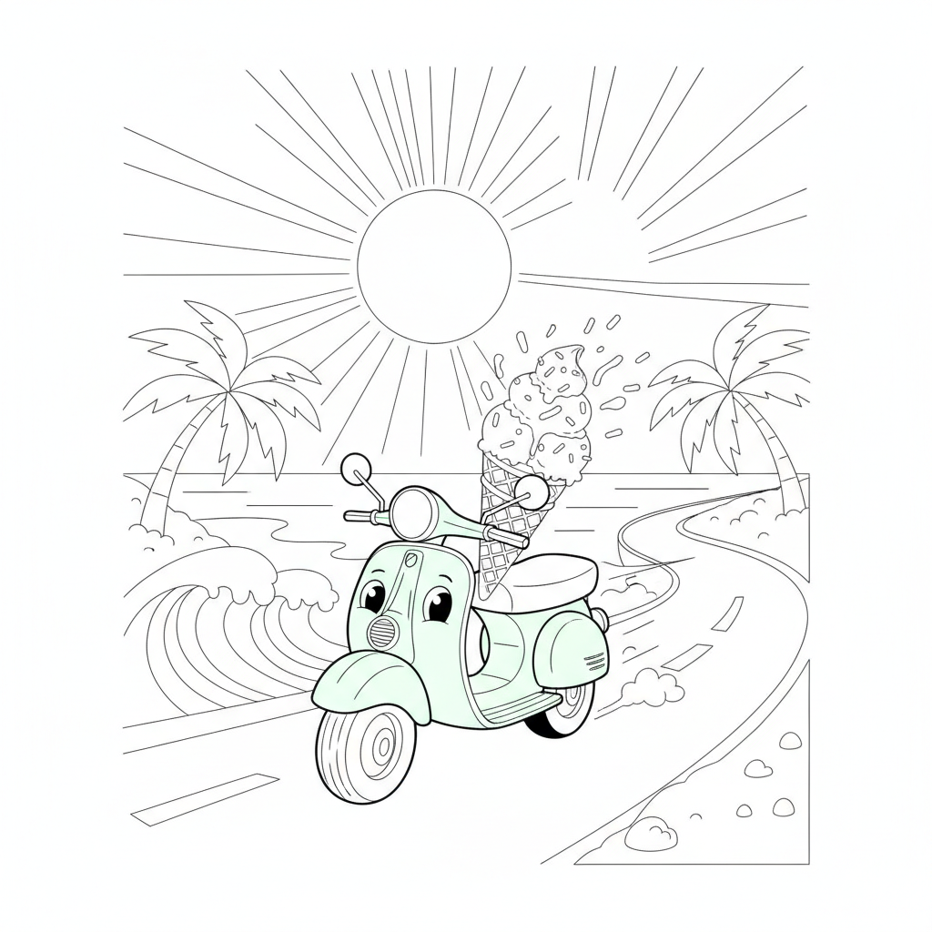 Sunny Coastal Scene with a Cheerful Scooter — Free Coloring Page for Kids