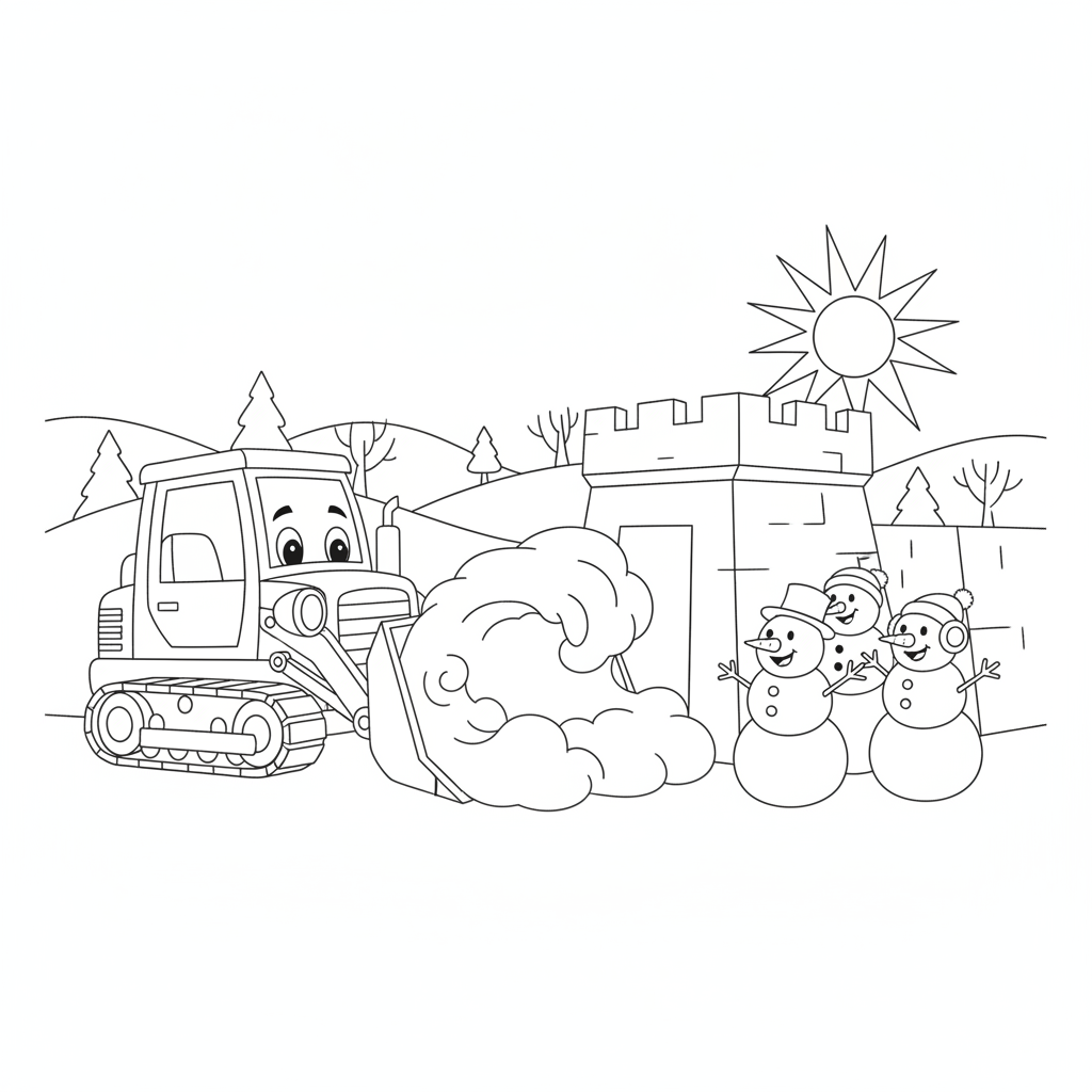 Bulldozer Joyeux dans la Neige — Coloriage Camion — Gratuit à Imprimer