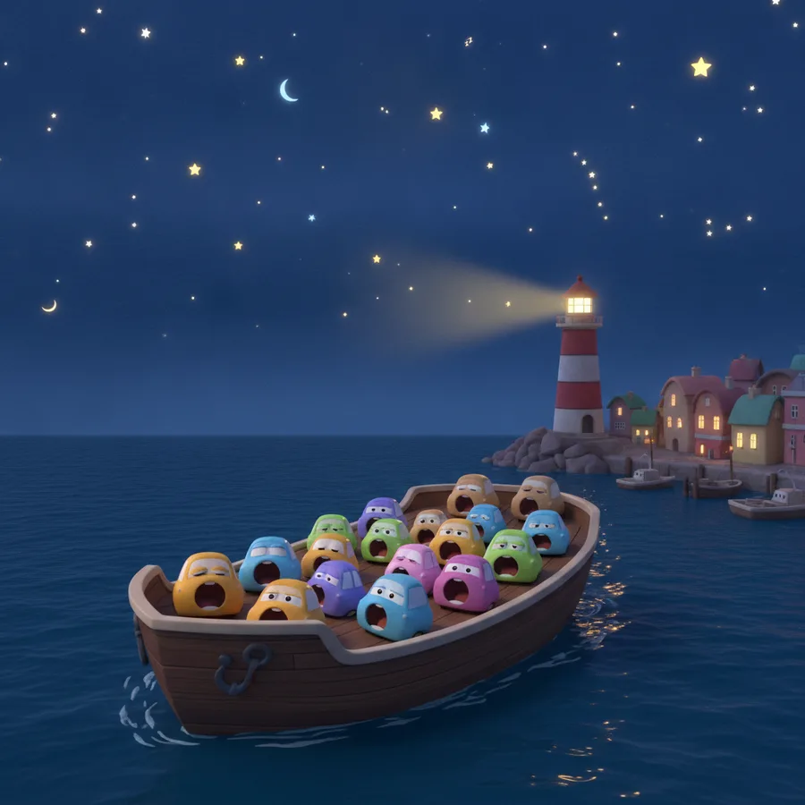This coloring page features a ferry boat filled with vibrant characters, each showing fun expressions. The calm sea and lighthouse add a unique touch, with easy areas like the boat's body and more challenging details in the characters' faces.