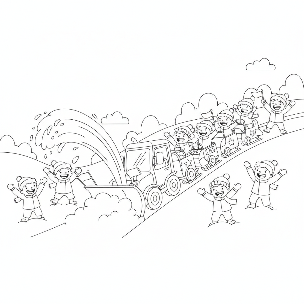 Cheerful Blue Snowplow Clearing a Snowy Path — Free Coloring Page for Kids