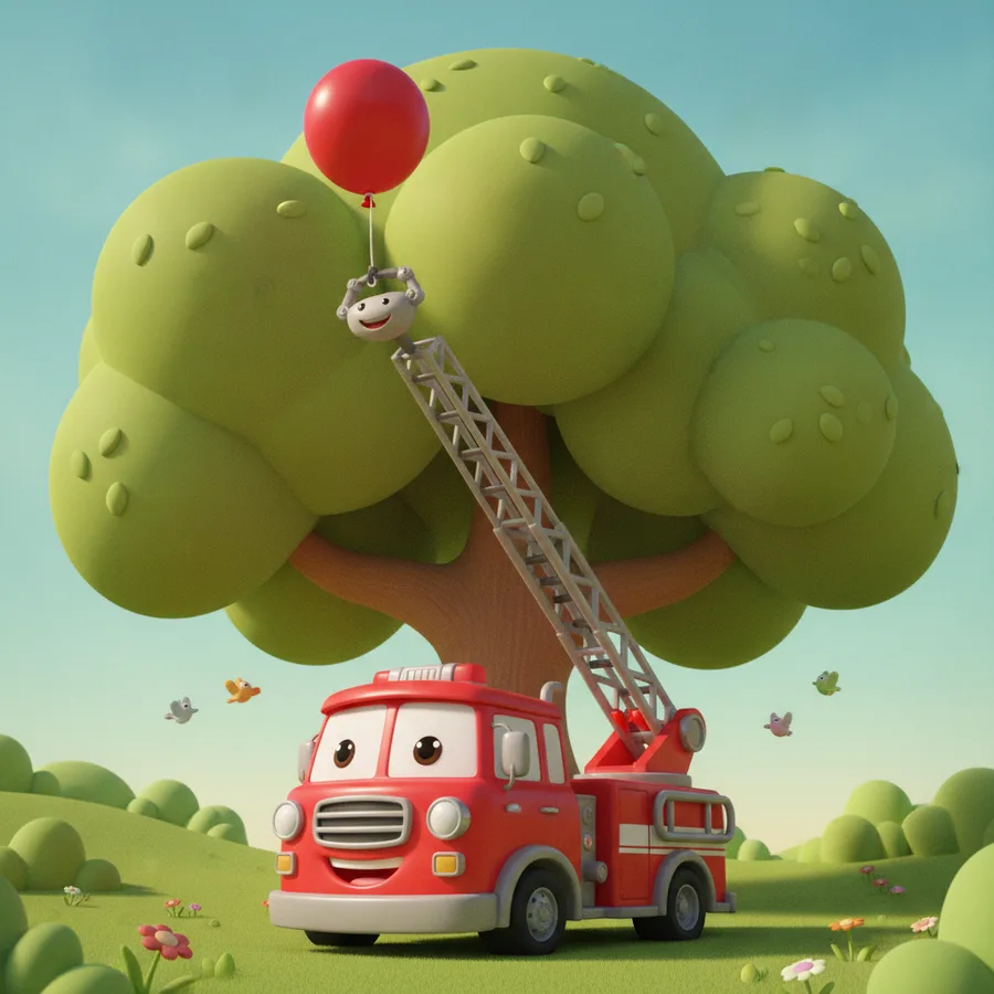 This coloring page features a cheerful fire truck and a whimsical scene. The truck and tree are easy to color, while the flowers and birds provide a fun challenge.