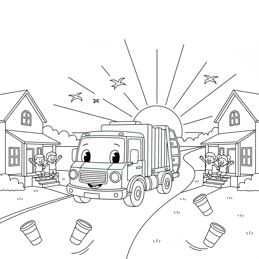Garbage Truck Morning Adventure — Free Coloring Page for Kids coloring page