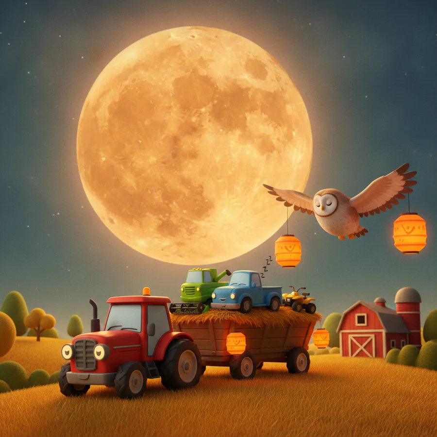 Dieses Ausmalbild zeigt eine fantasievolle Bauernhofszene unter einem leuchtenden Mond. Kinder werden es einfach finden, den Traktor und die Laternen zu kolorieren, während der Uhu und die Spielzeugautos eine angenehme Herausforderung bieten.