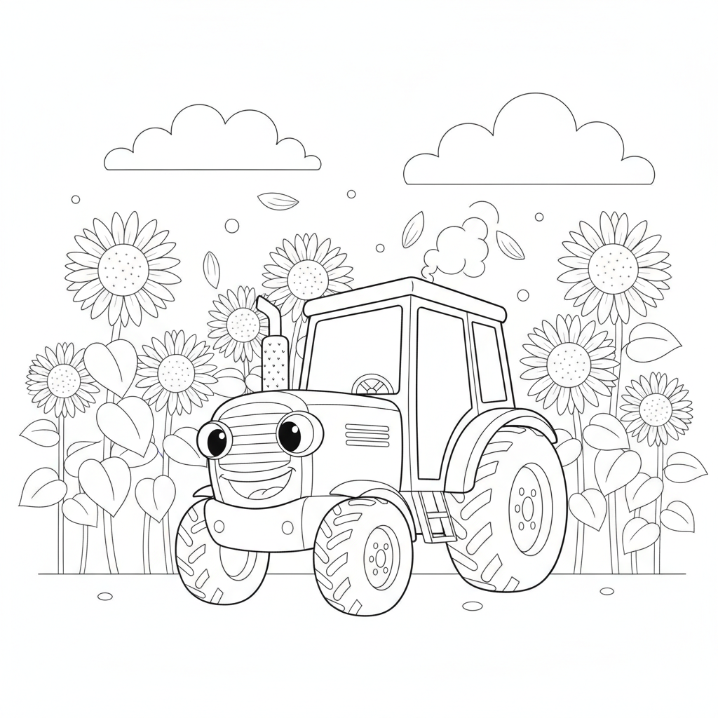 Fröhlicher Grüner Traktor im Sonnenblumenfeld — Ausmalbild Kostenlos Ausdrucken