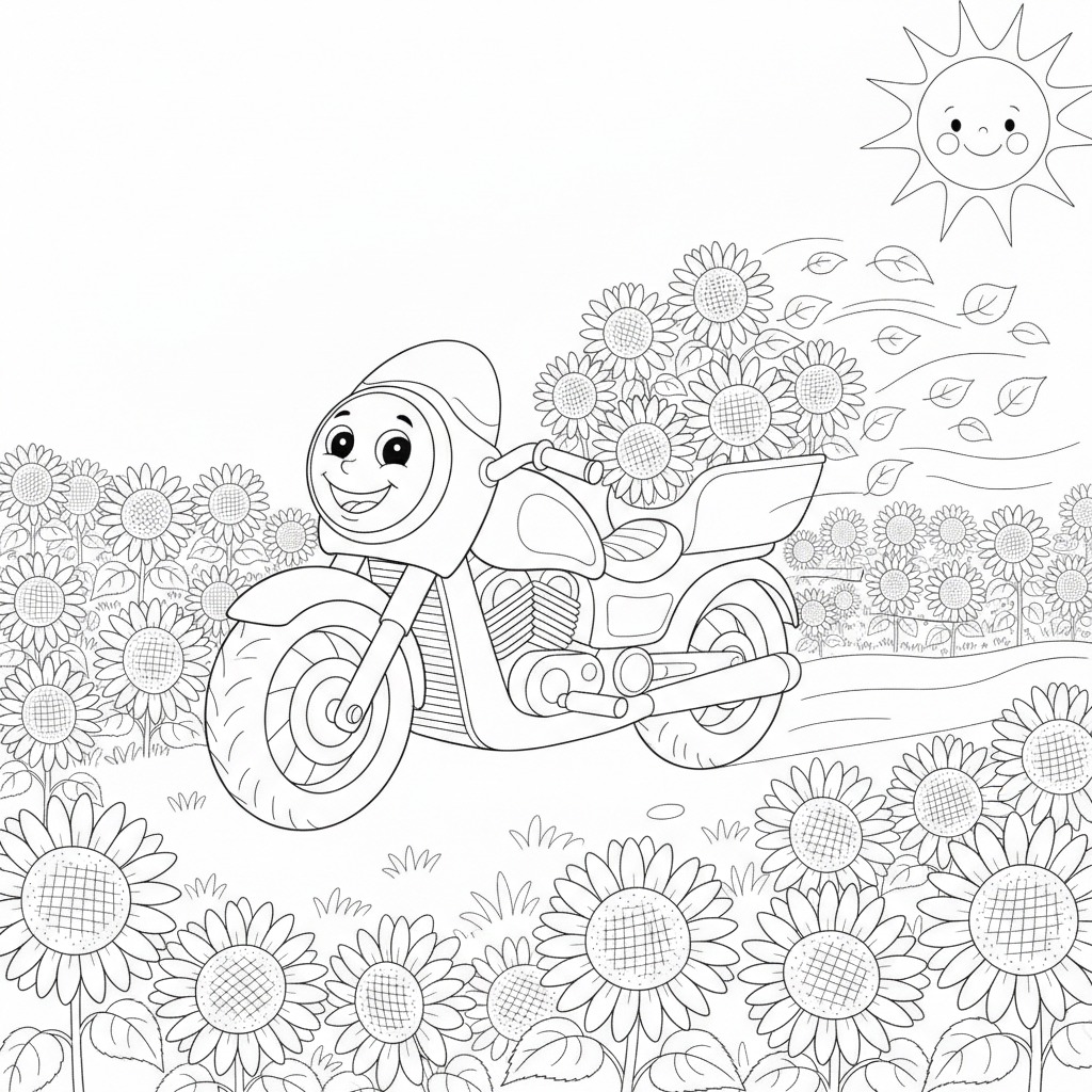 Vibrant Sunflower Field with a Smiling Motorcycle — Free Coloring Page for Kids