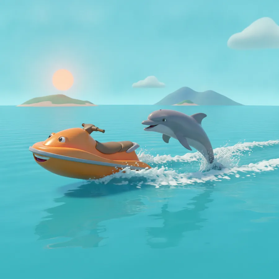 This fun coloring page features a cartoon jet ski and a jumping dolphin. The large areas of the jet ski are easy to color, while the background hills offer a bit of a challenge.