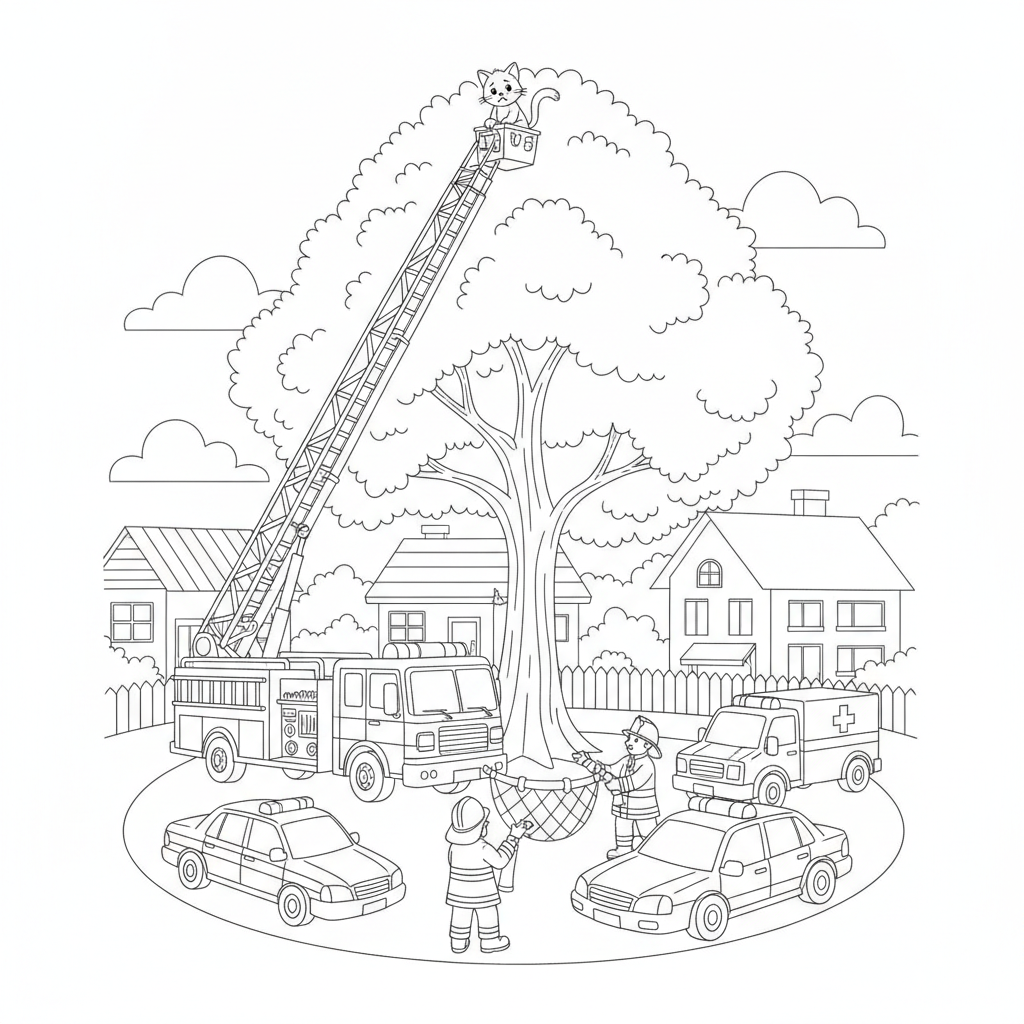 Escena Divertida con Camión de Bomberos y Gato — Dibujos de Camiones para Colorear — Gratis para Imprimir